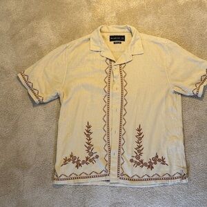 Abercrombie & Fitch Linen Blend Shirt in Cream with Brown Embroidery